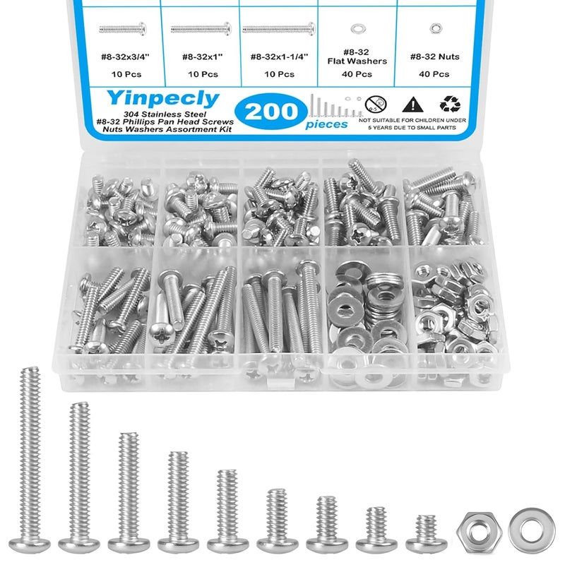 Yinpecly 200pcs #8-32 Phillips Pan Head Machine Screws Nuts Washers Assortment Kit,304 Stainless Steel, Coarse Thread, Fully Machine Thread(#8-32x 1/4", 5/16", 3/8", 1/2", 5/8", 3/4", 1", 1-1/4") - Image 1